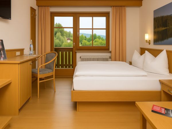 Doppelzimmer Komfort Bett und Schreibtisch